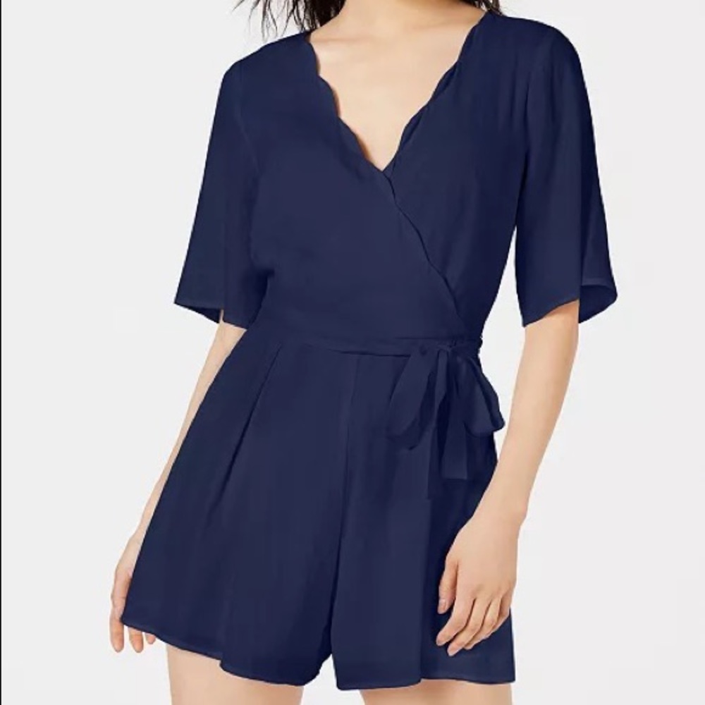 Navy blue short sleeve romper with removable tie around waist
